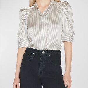 FRAME Gillian Stripe Silk Ruched- Sleeve Top/ Striped Puff Sleeve Blouse - White